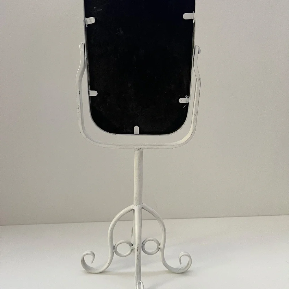 White Metal Tabletop Vanity Mirror With Adjustable Swivel Tilt & Scroll Base